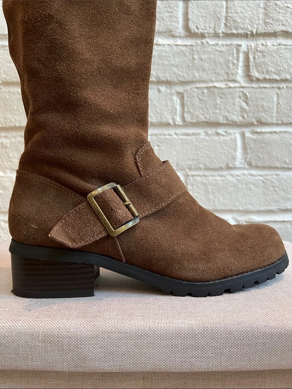 SOLE SOCIETY Brown Suede Over the Knee Lug Sole Low Heel Boots Buckles Size 6